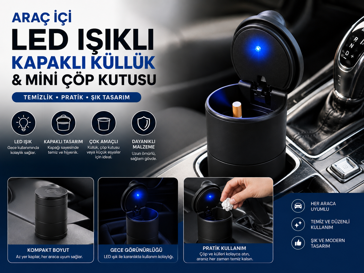 Araç İçi LED Işıklı Kapaklı Küllük & Mini Çöp Kutusu – Siyah