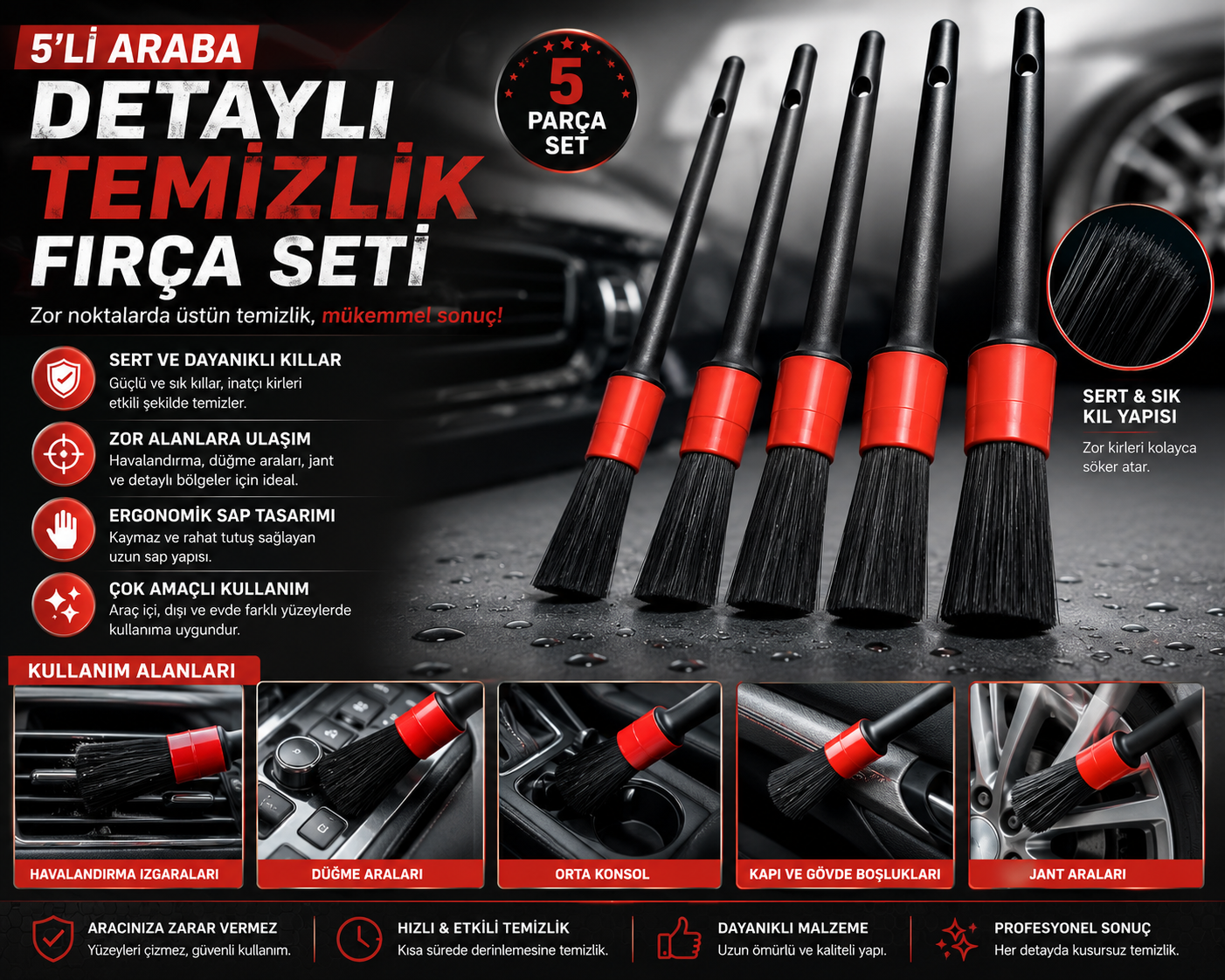 Araba Detaylı Temizlik Fırça Seti (5'li)