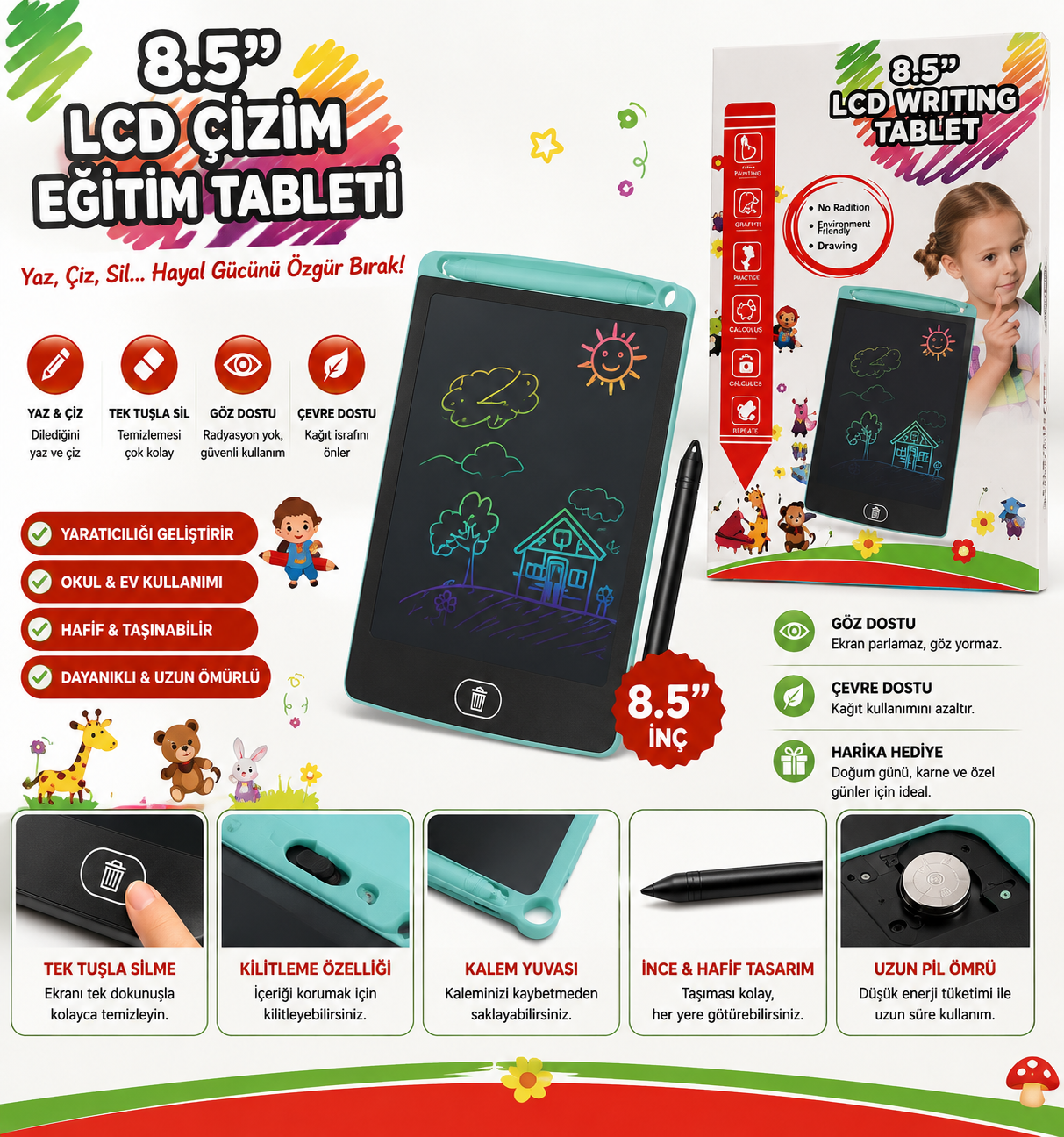 8.5 İnç LCD Çizim ve Yazı Tableti – Çocuklar İçin Eğitici Silinebilir Ekran