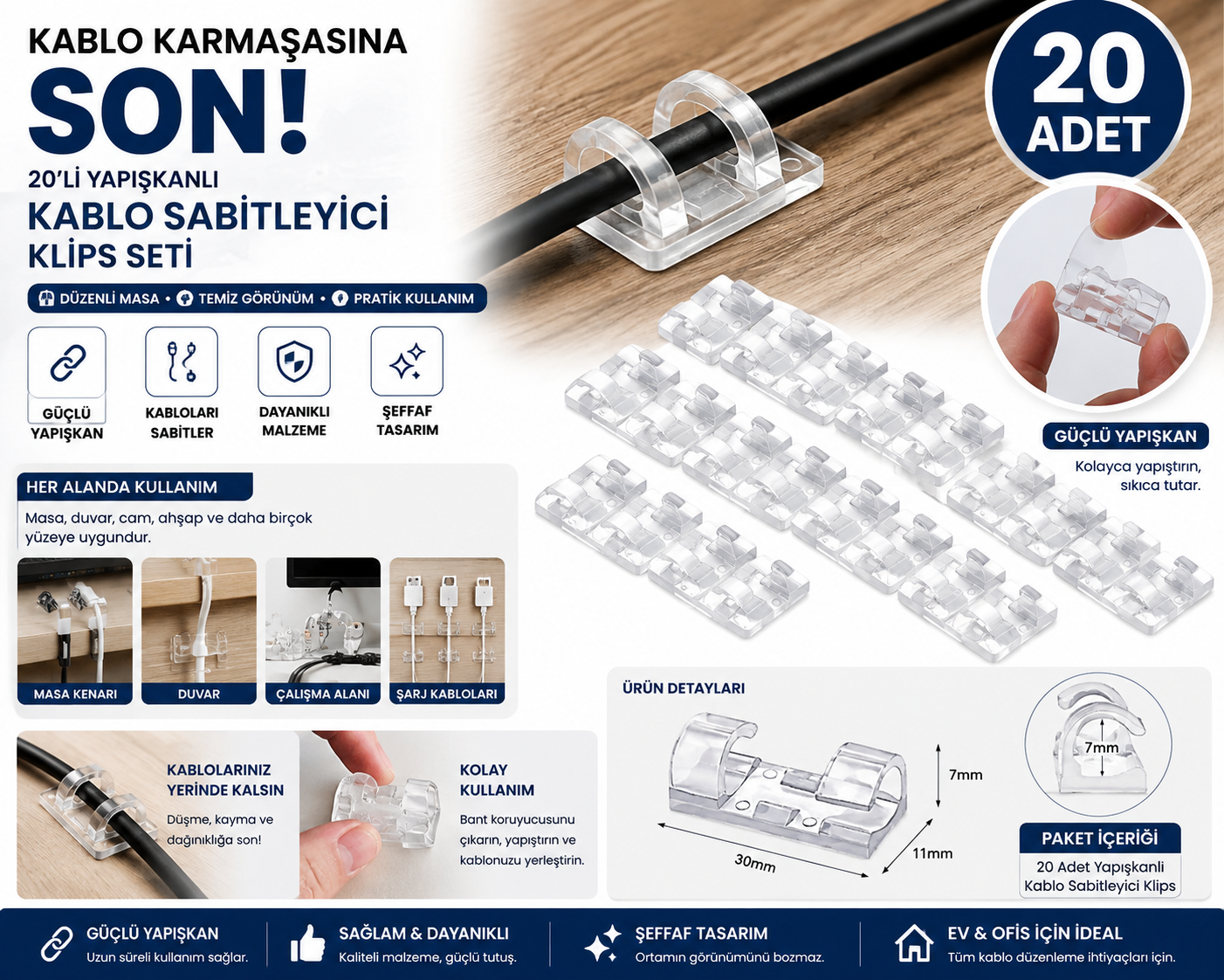 20'li Yapışkanlı Kablo Sabitleyici Klips Seti – Şeffaf Kablo Düzenleyici