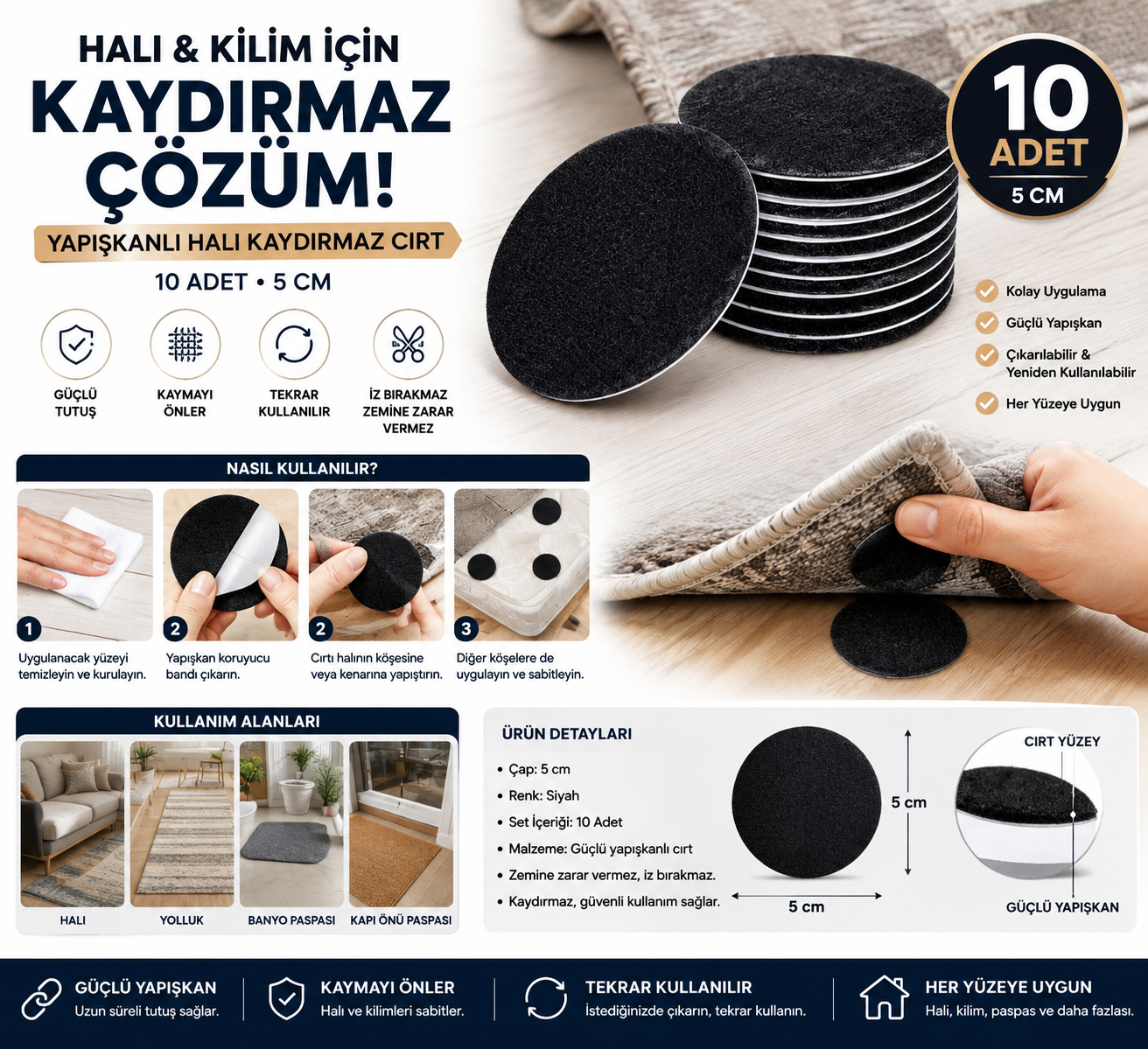 Halı & Kilim Kaydırmaz Yapışkanlı Cırt Seti – 10 Adet, 5 cm